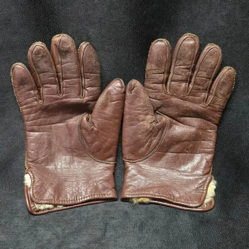 Vintage Brown Leather Quality Capeskin Gloves Rabbit Faux Fur Lining Women's Med